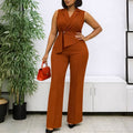 C8653 cross-border e-commerce summer fashion solid color sleeveless blazer collar tie wide leg pants african jumpsuit