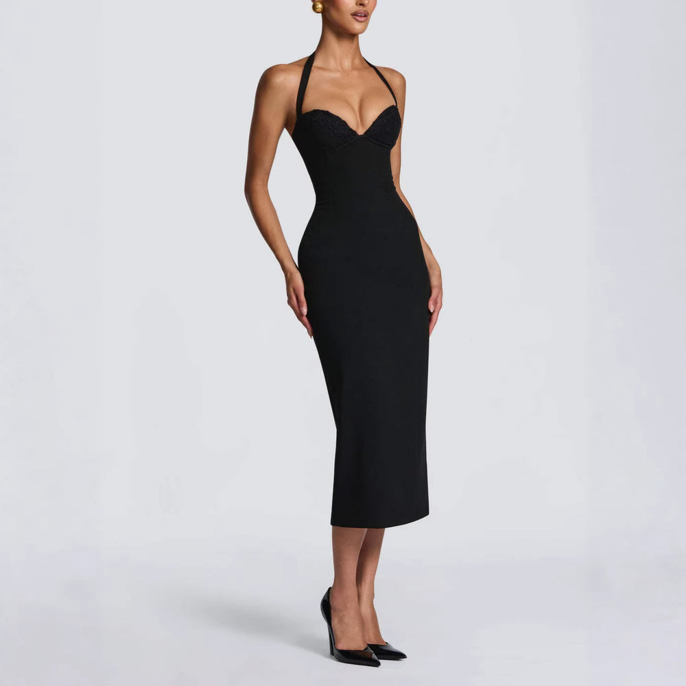 European and american women's clothing  spring/summer new solid color casual slim-fit sleeveless halter neck tie-up midi dress wholesale