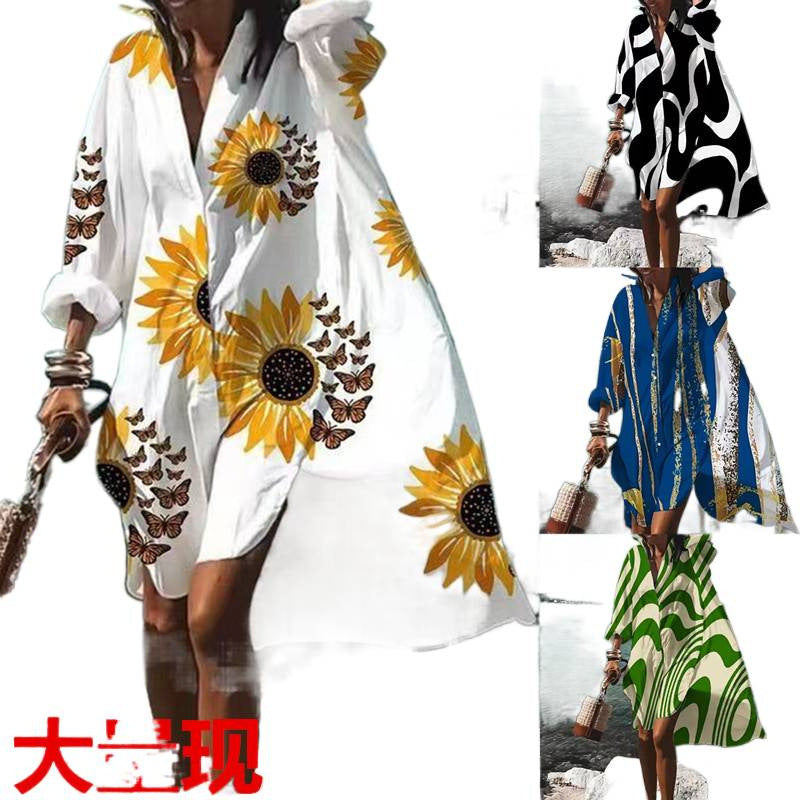 exportfashionplus size women's loosenew arrivaldigital printinglong sleeves lapel shirtdress