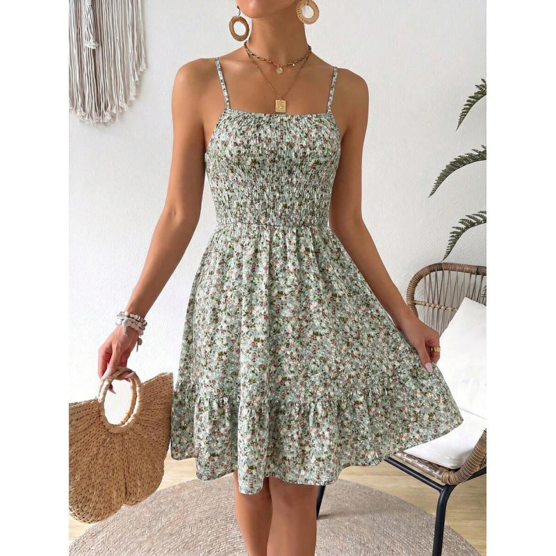 fashion  summer new arrival holiday floral pleated ruffles casual suspender dress for women