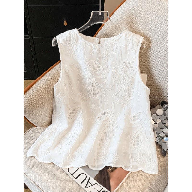 Women's new summer casual fashion vacation minimalist versatile embroidered round neck sleeveless top