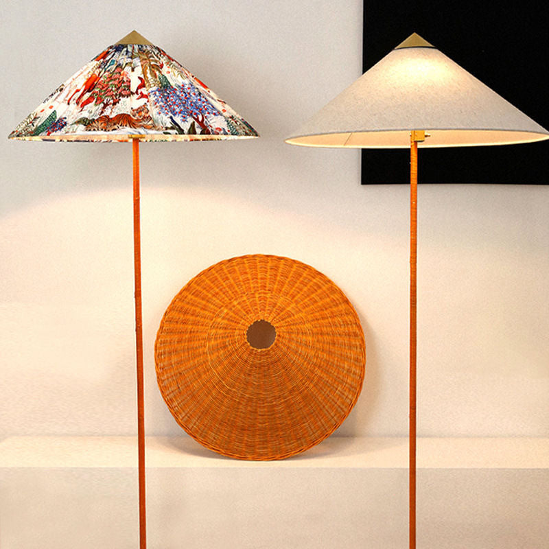 Wabi-sabi style 2025 chinese hat floor lamp, vintage danish living room sofa, designer rattan b&b hotel lamp