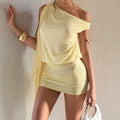 fashionelegant oblique shoulder dress ribbon off-shoulder pleated hip-covering waist slimming look short skirt for women summer