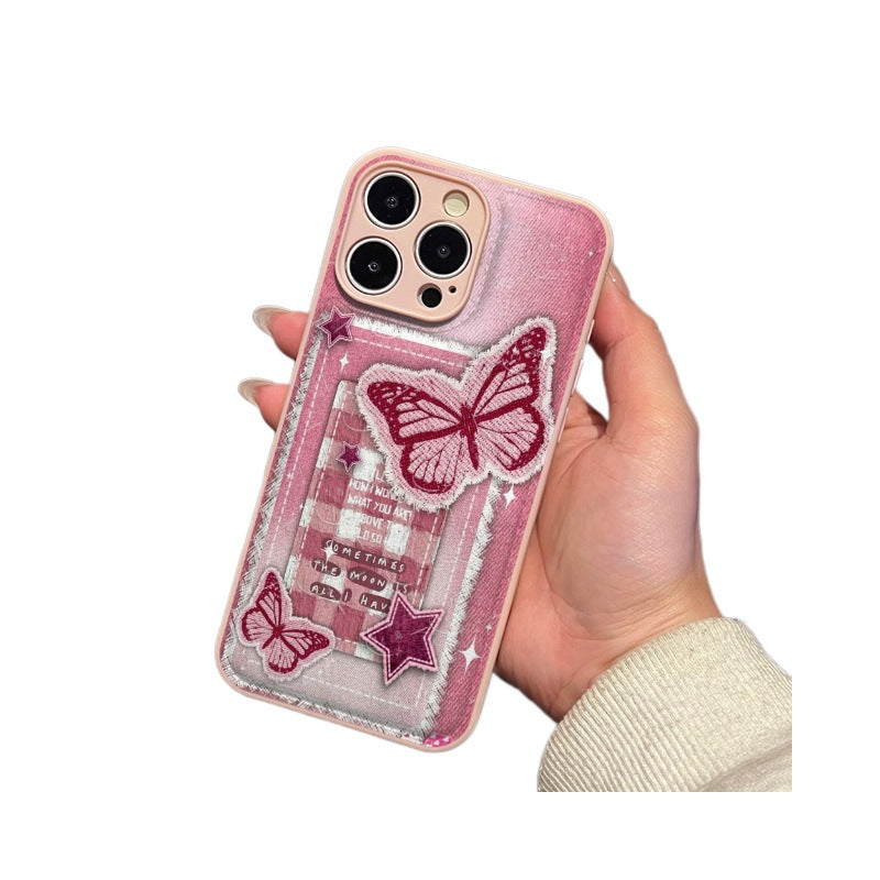 Pink denim embroidered butterfly phone case for iphone 17 & 16 - shockproof leather texture soft case - wholesale for women