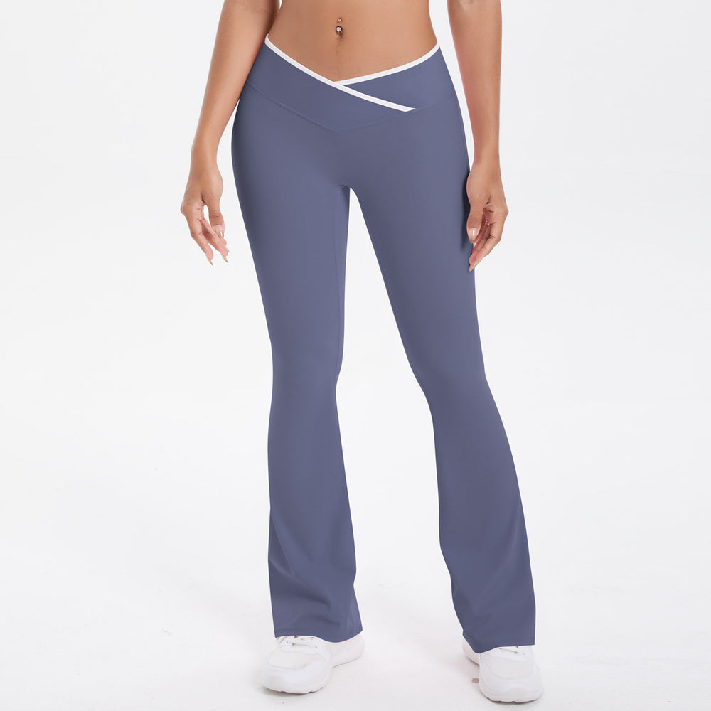European and american nude feel tight yoga pants - color block crossover high waist wide leg flare leggings - quick dry athletic running fitness pants