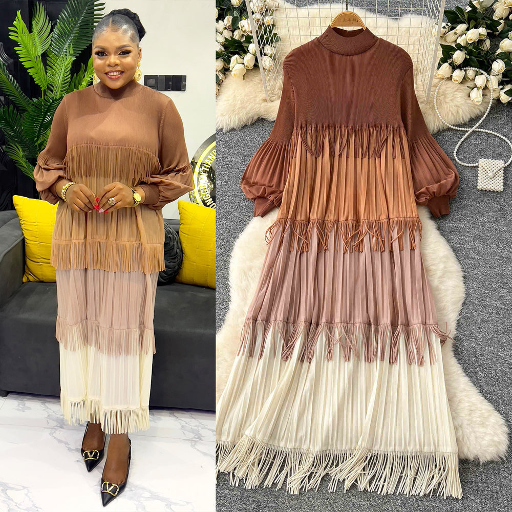 Miura european and american fashion dress women's  spring high-end lantern sleeve loose slimming color block tassel maxi dress