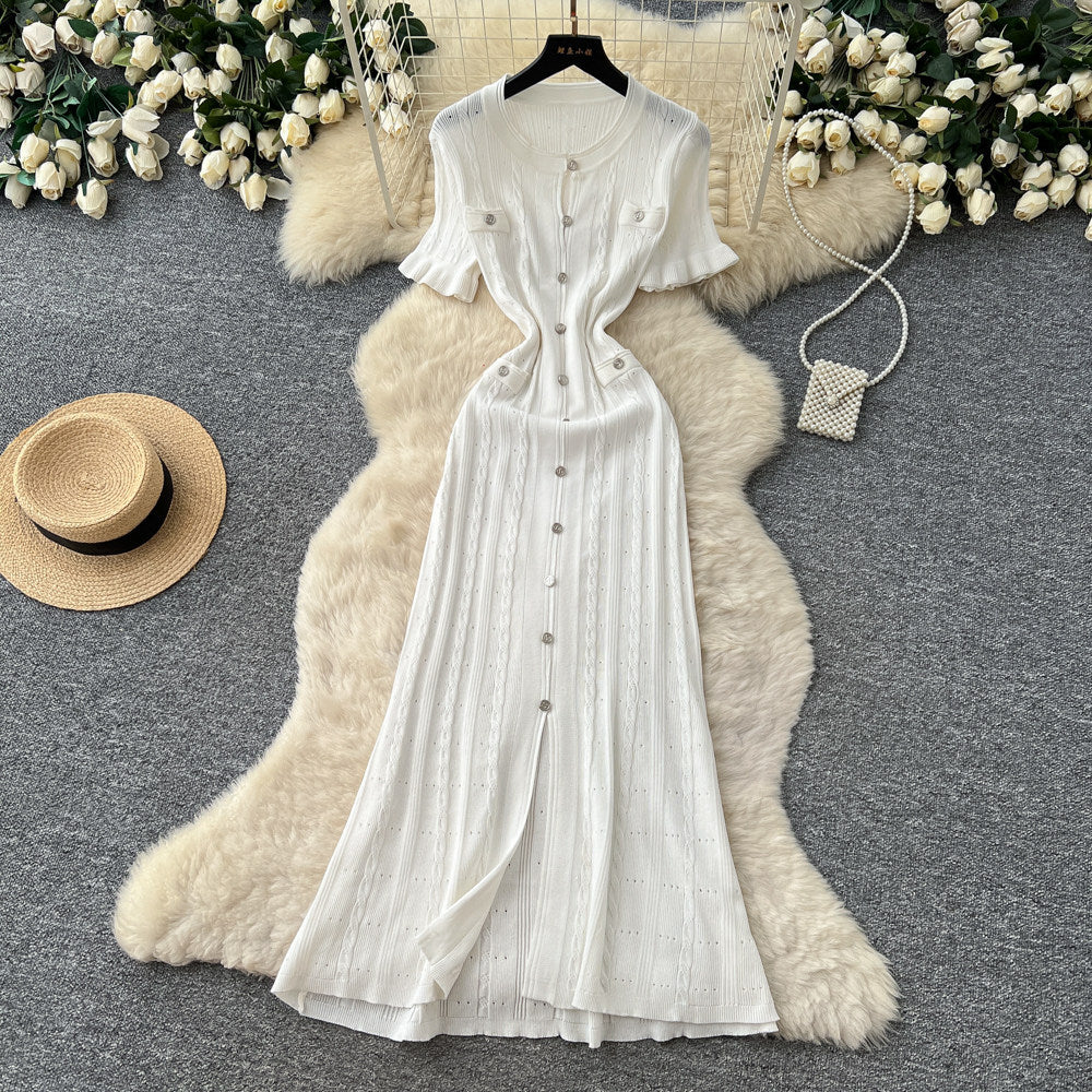 European and american style minimalist elegant knitted dress - women's summer single-breasted hollow-out slimming design - chic long dress