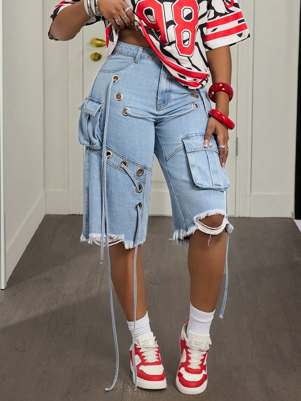 Street workwear fashionjeans women's multi-flap pocket pants eye strap raw edge ripped pants washed light blue denim pants