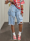 Street workwear fashionjeans women's multi-flap pocket pants eye strap raw edge ripped pants washed light blue denim pants