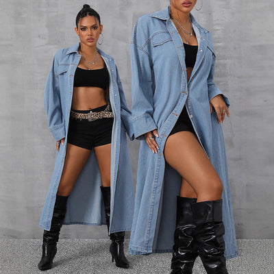 49#-65591#  cross-border european and american style loose casual long denim windbreaker jacket with large pockets