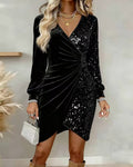 european and american cross-border  independent station new sexy fashion v-neck sequin velvet bodycon dress