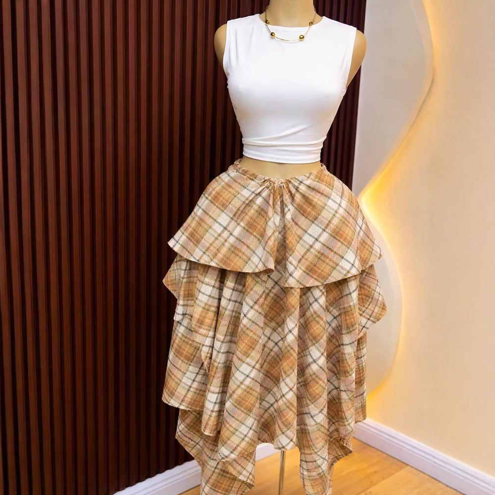 European and american cross-border women's fashion:  summer new arrival - high-waisted tie-waist plaid asymmetrical midi a-line skirt