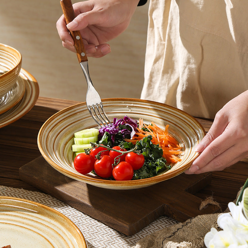 Retro stoneware ceramic tableware restaurant hotel stylish thread western food steak plate for home high-looking deep plate soup plate