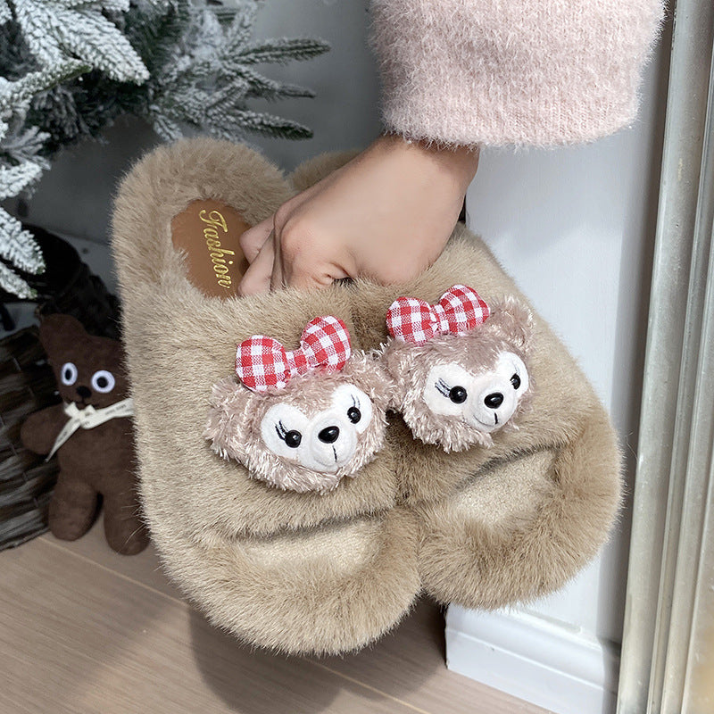 Cute cartoon fluffy slippers for women - new autumn/winter collection: thick-soled, comfortable, soft, and fuzzy one-strap cotton slippers