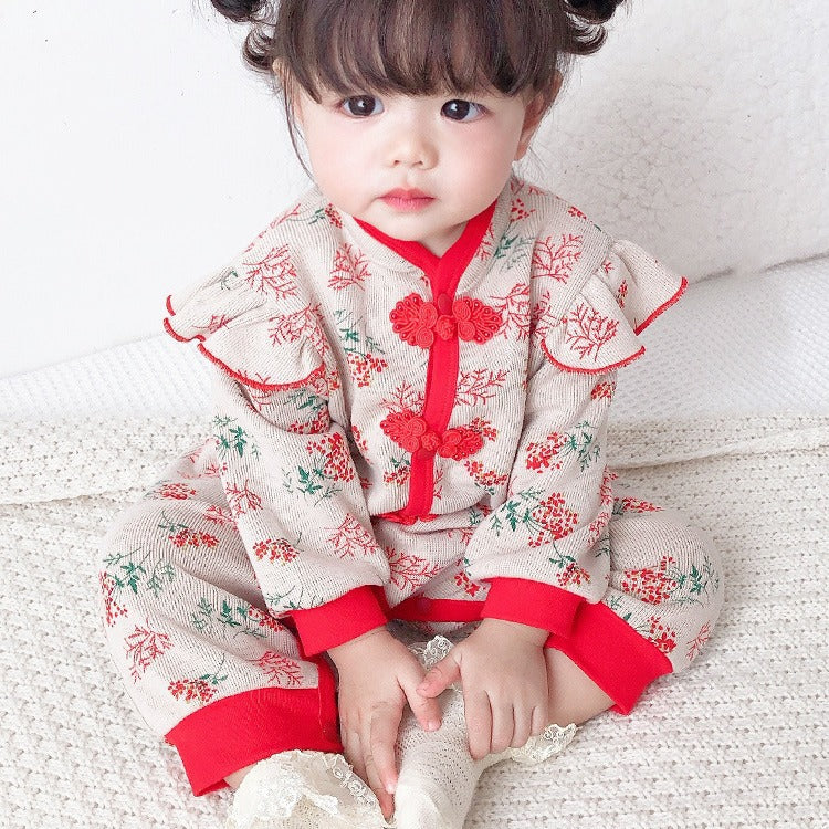 Newborn spring/autumn romper, baby girl chinese style full month outfit, infant winter warm cotton outing clothes