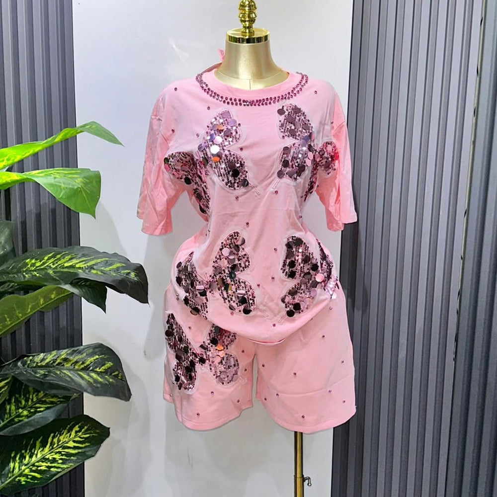 Fashionsuit european goods sense of design butterfly diamond short-sleeved t-shirt tops women + elastic waist wide-leg shorts two-piece set
