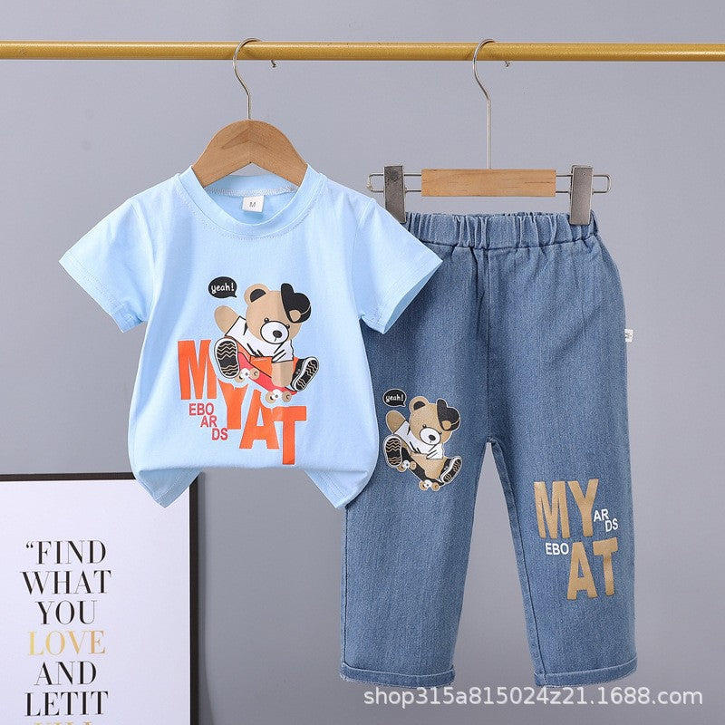 Summer  new arrivals: 0-5 year old kids' cartoon car & animal print crewneck short sleeve & denim pants two-piece cotton set