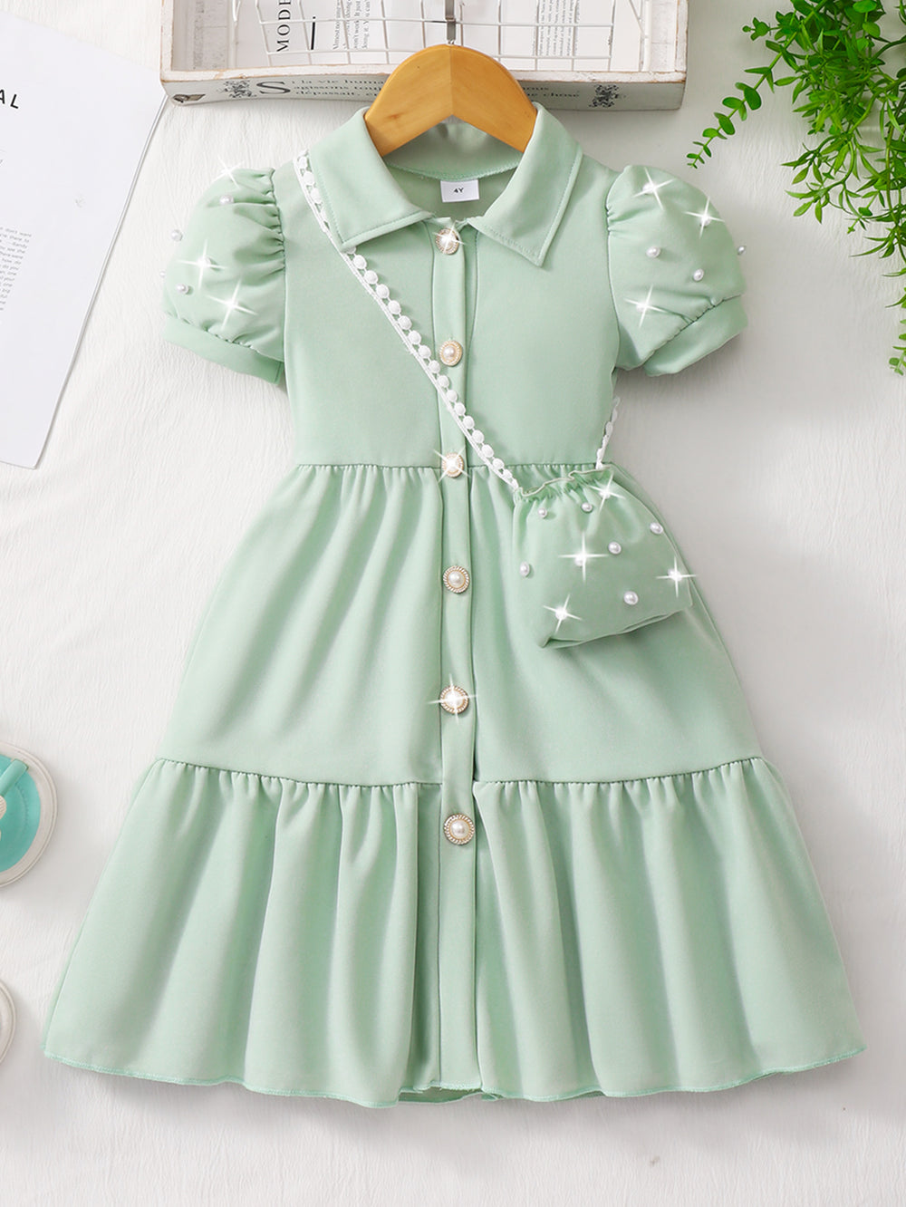 Girls' dress, solid color dress with pearl sleeves + pearl crossbody bag