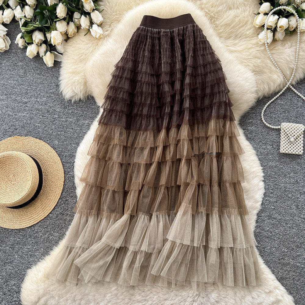 K-stylehigh waist mesh cake elegant skirt women's summerslimming look to cover the crotch multi-layer puffy skirt easiest for match medium long