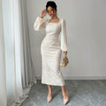 european and american new arrival: off-white embossed lace square neck maxi dress with rhinestone-embellished lantern sleeves, slim fit bodycon midi dress