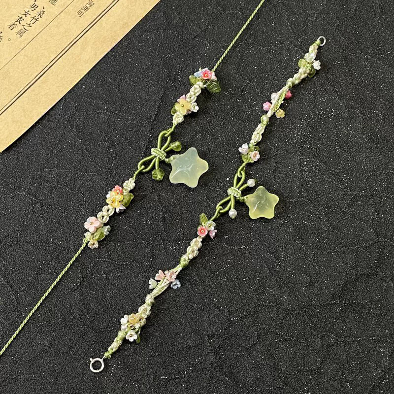 Summer icy little star green crystal multicolor flower braided necklace bracelet - versatile, unique, sweet, and cute accessory