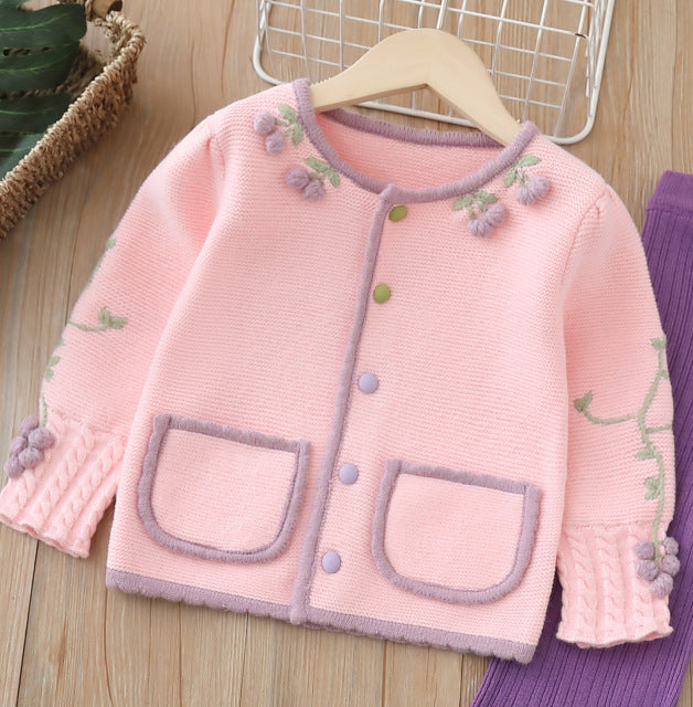 Girls' knitted sweater two-piece set -  autumn/winter new collection - handmade floral pants set for baby girls