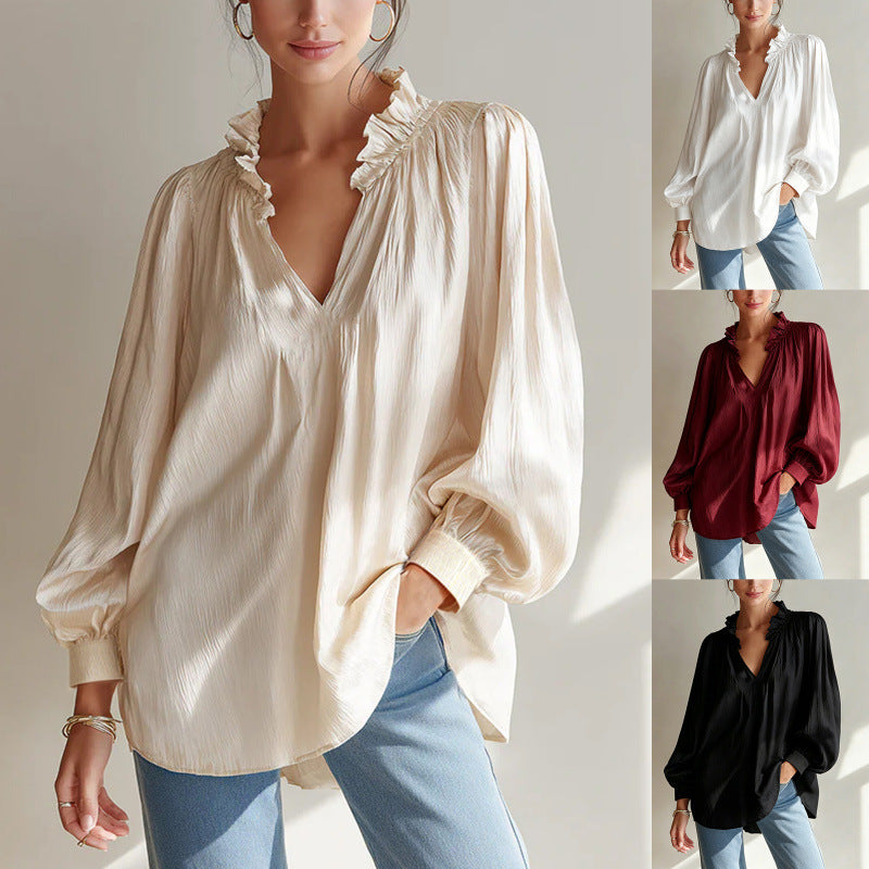 european and american cross-border women's fashion new arrival: v-neck ruffle trim solid color long sleeve versatile blouse