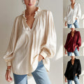 european and american cross-border women's fashion new arrival: v-neck ruffle trim solid color long sleeve versatile blouse