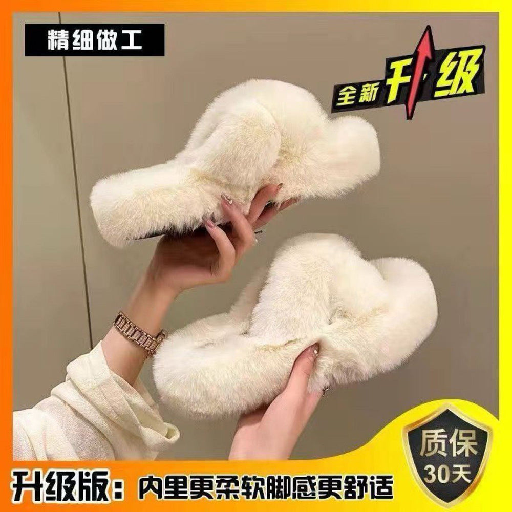 Fall and winter 2023new arrival fur slippers women's fashionoutwearstuffedthick sole slippers k-style cross strap home cotton slippers