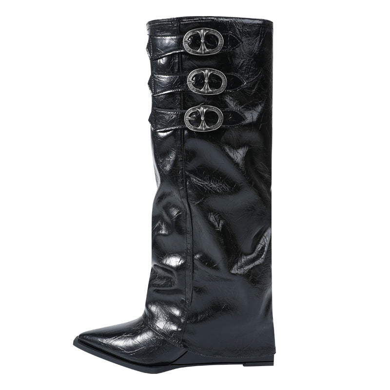 Chunky super high heel british style versatile fashion boots for women, new autumn/winter 2025 collection, plus size available, pointed toe, metallic, european and american style