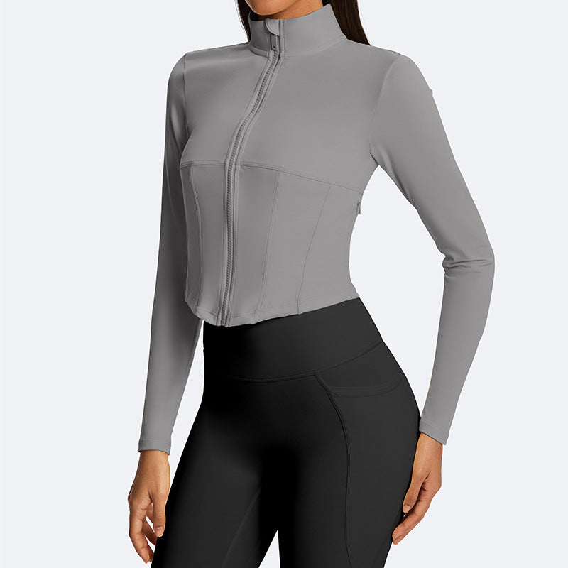 Jinke cross-border yoga outwearshortlong sleeves waist tight tops zipper stand collar sports fitness women