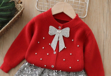 Girls' knitted sweater two-piece set: sequin bow cardigan and skirt outfit for little girls
