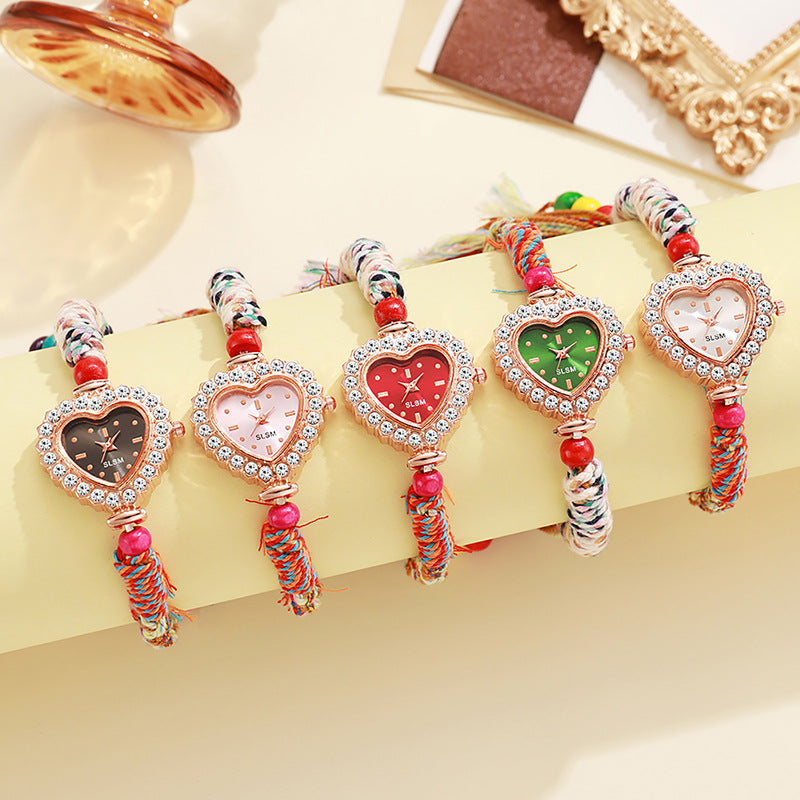 New arrivalaccessible luxury ethnic style heart-shaped quartz watch pull-out braided strap women's bracelet watch women's watch wholesale