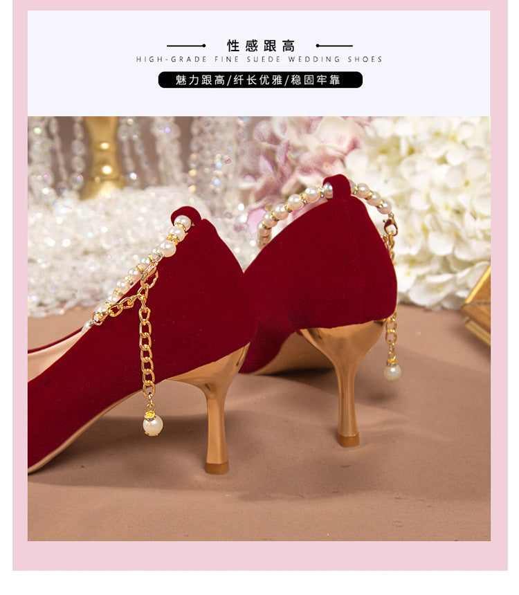 Wedding shoes for women with thick heels 2023fall and winternew arrival bride red non-tiring feet wedding dress high heels shoes xiuhe clothes two wears
