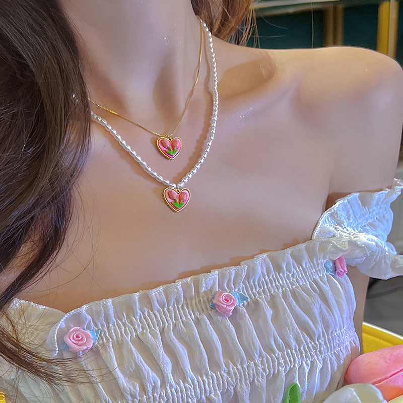 Flower love pendant pearl necklace for women easiest for matchniche style design popular necklace korean fashionsweet clavicle chain