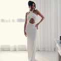 European and american style women's foreign trade dress - hollow-out, fashionable slit, pleated, backless, bodycon, criss-cross halter neck, solid color maxi dress