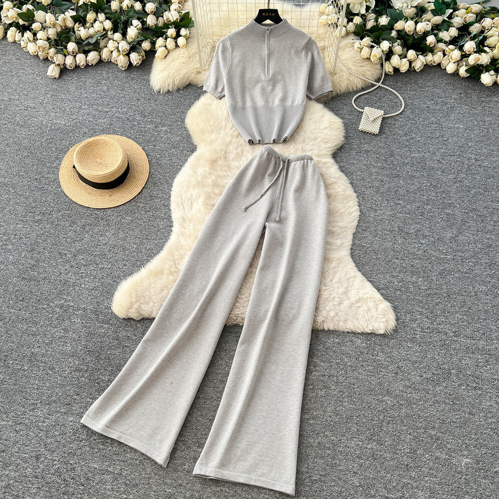 K-stylework clothing style silmtwo-piece set female summernew arrival short-sleeved tops slightly flared pants easiest for matchfashionhigh waistsuit