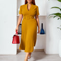 D563export cross-border women's summer new short-sleeved v neck pleated high waistfashionelegant waist african dress