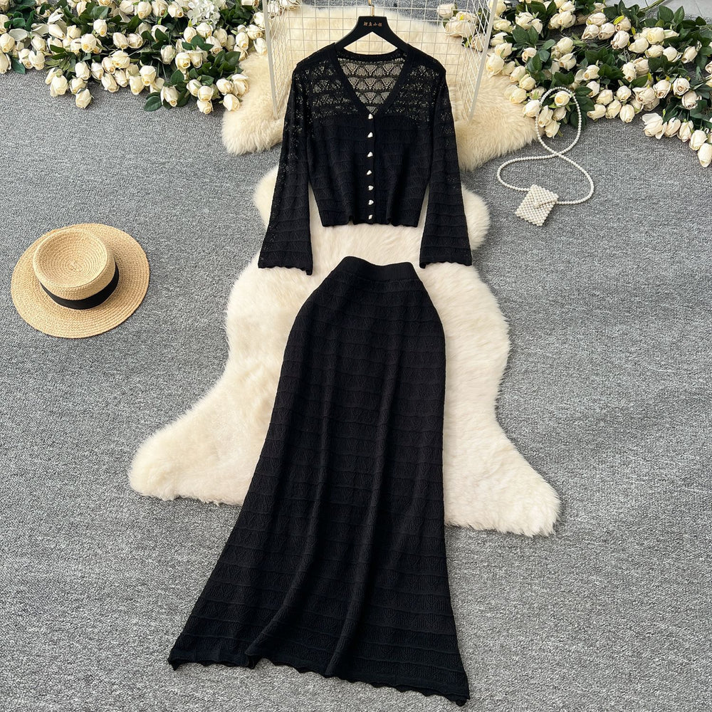 Korean style women's gentle & chic versatile v-neck long sleeve crochet knit cardigan with high-waisted midi skirt set