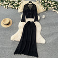 Korean style women's gentle & chic versatile v-neck long sleeve crochet knit cardigan with high-waisted midi skirt set