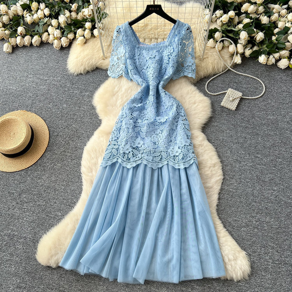 Frenchromantic atmosphere square neck dress female summer mesh embroiderpatchworksense of design royal sister elegant long skirt