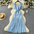 Frenchromantic atmosphere square neck dress female summer mesh embroiderpatchworksense of design royal sister elegant long skirt