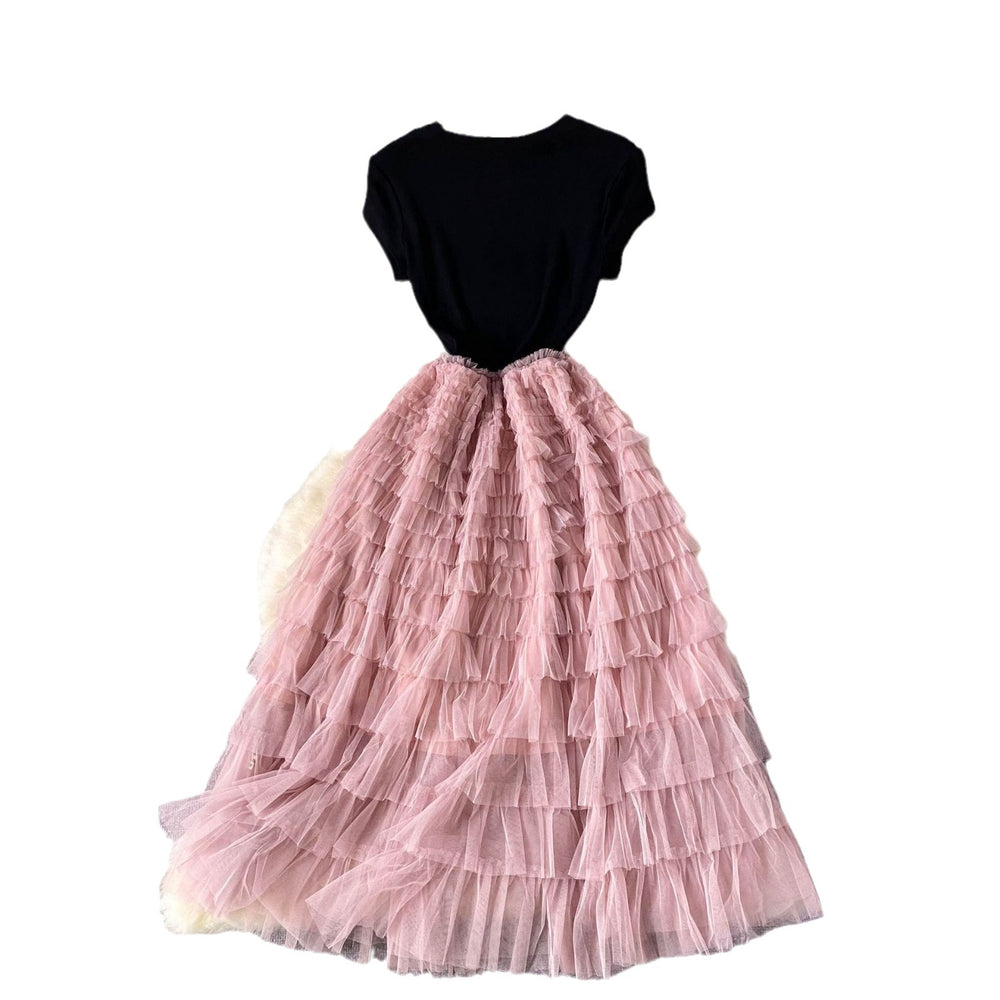 European and american style light luxury high-end women's summer dress - mesh panel design, slimming waist, ethereal long dress