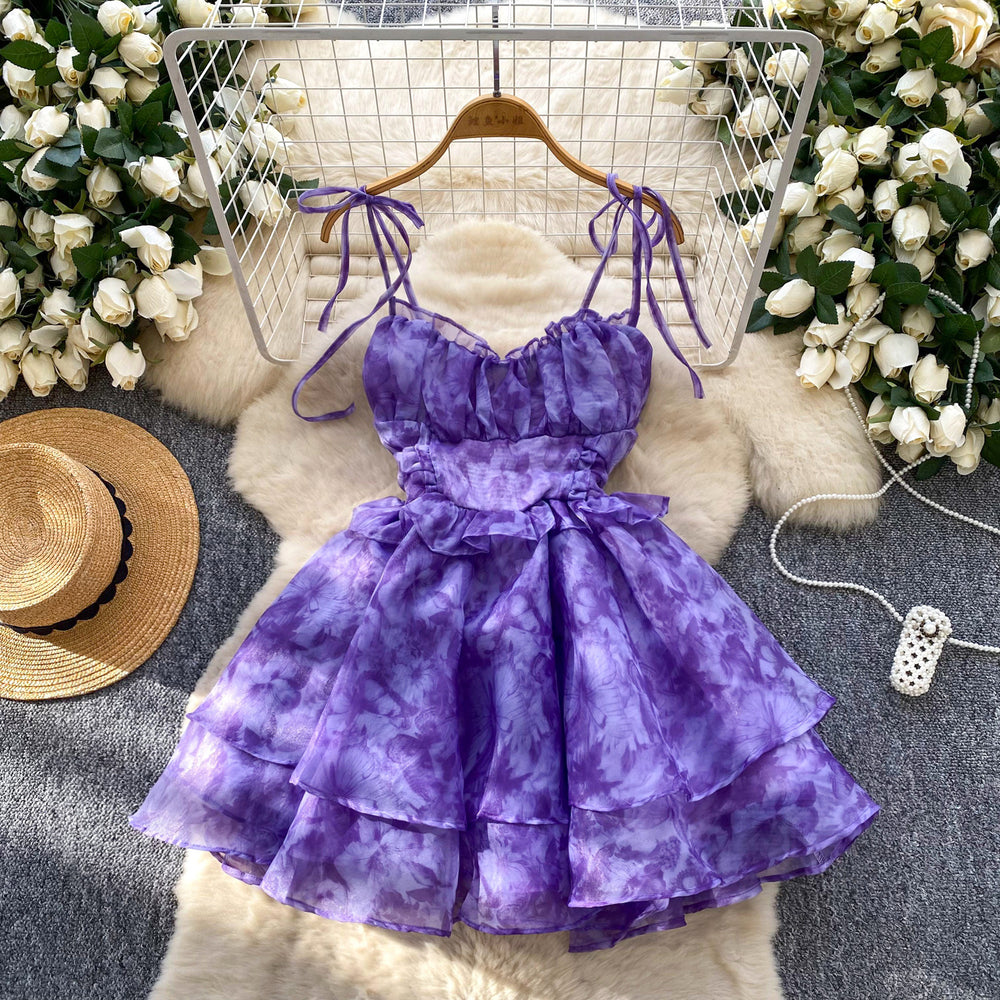 Birthday dress for women, french sweet, palace style, waist slimming look, elegant suspender mesh printing puffy dress
