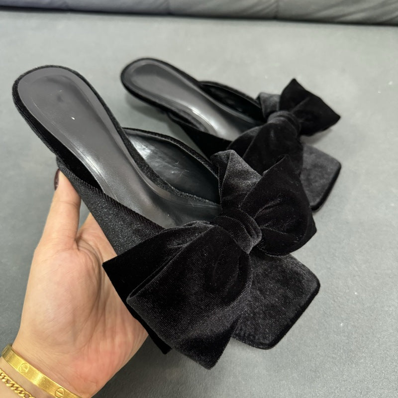 Z's new women's shoes black xishi velvet bows square toe open toe low heel shoes stiletto outwear sandals
