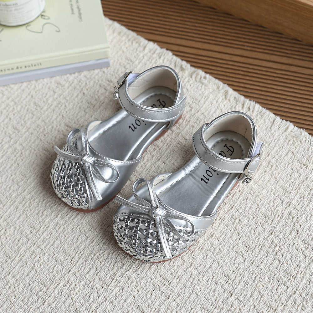 Girls' fashion woven open-toe sandals,  new summer collection, baby bow princess shoes, hollow-out flats