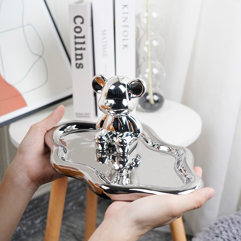 Ins electroplated silver tray popular same style photo props jewelry storage display tray cartoon bear creative ornaments
