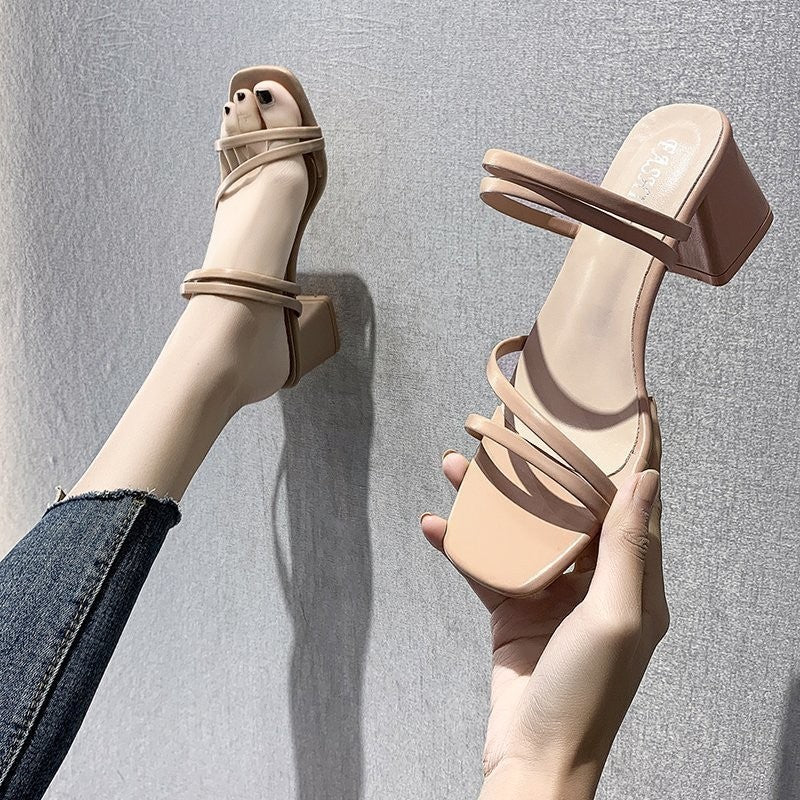Exportplus size thick heel sandals women's summernew arrival medium heel one-line sandals women's two-wear fashion high heel sandals