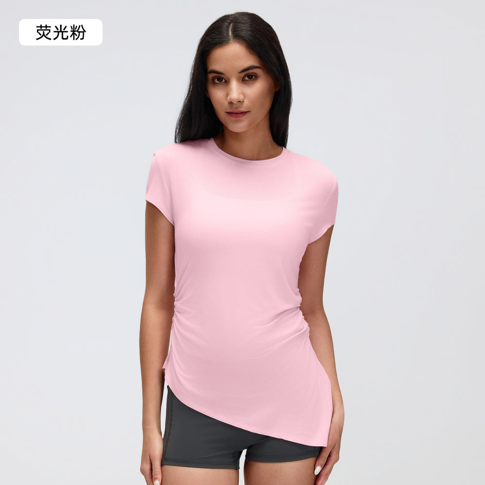 Summer crew neck activewear short sleeve women's ruched waist slimming yoga top running fitness t-shirt d26071