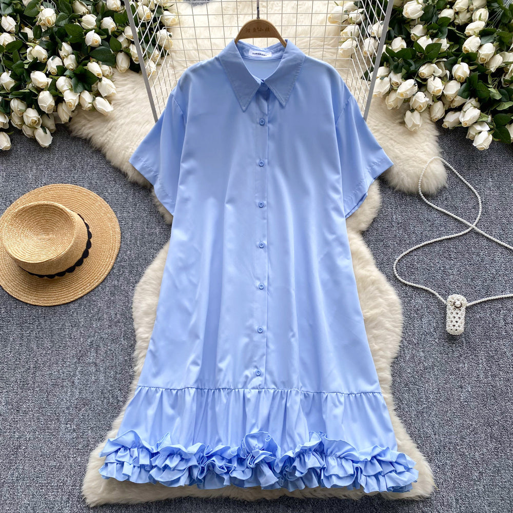 European and american style women's summer dress - unique design, loose fit, slimming, short sleeve, single-breasted, ruffle hem shirt dress